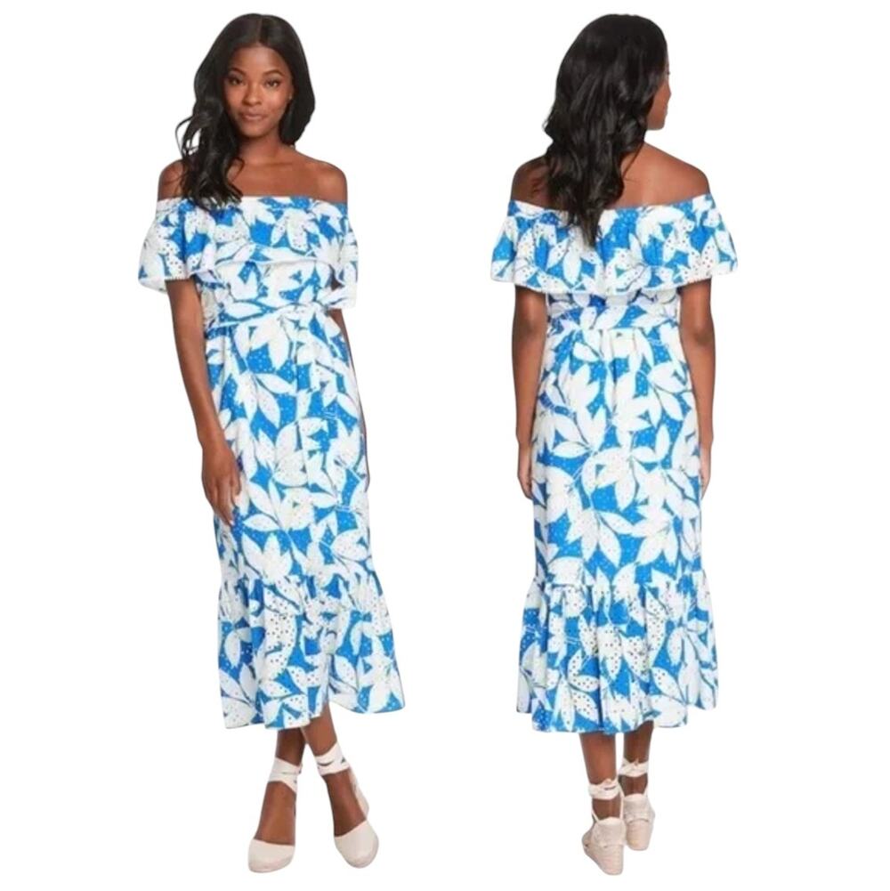 Draper James Sapphire Blue Eyelet Off The Shoulder Midi Flounce Dress